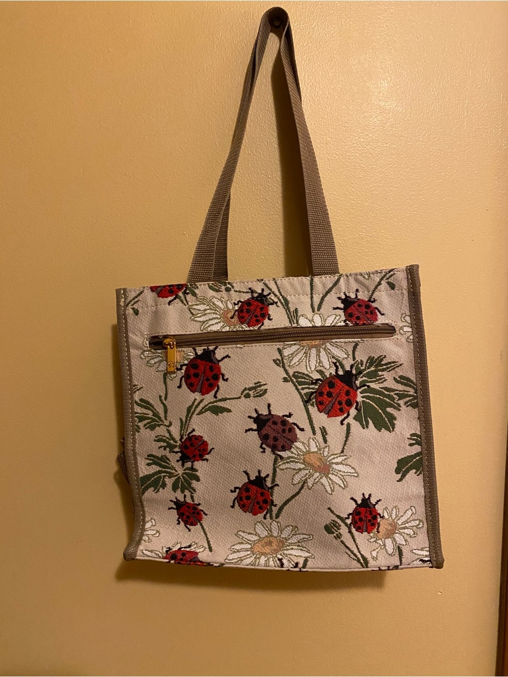 Floral Ladybug Canvas Tote Bag in Beige